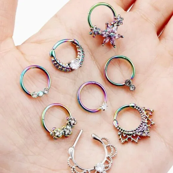 Septum Daith Earrings 16g Stainless Steel Rainbow Rose Gold Piercing Jewelry - Picture 6 of 6